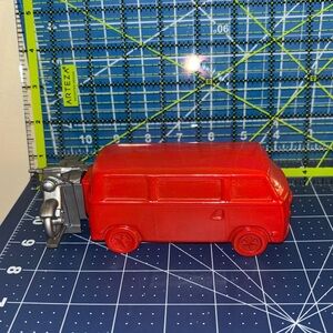 AVON NOVEL DECANTER (empty) RED VOLKSWAGEN BUS WITH MOTORCYCLE